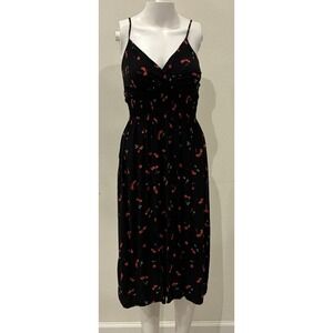 Cherry‎ Print Babydoll Midi Dress Size M Black/Red Y2K 90s Coquette Rockabilly